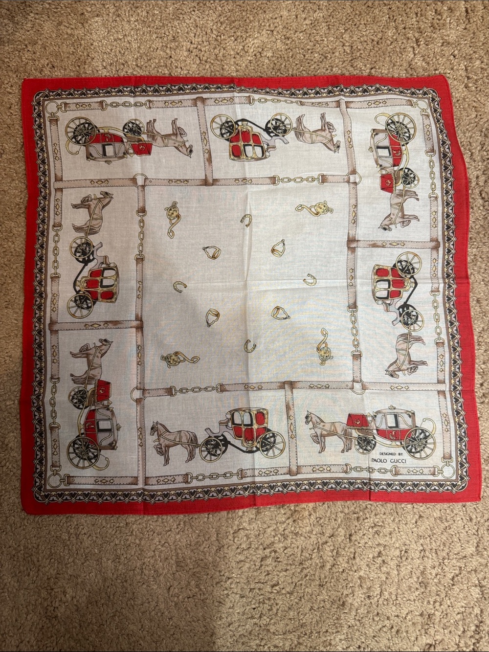 Designer-style Red and Cream Carriage Print Silk Scarf
